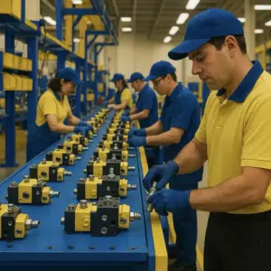 Mitarbeiter:innen bei der Hydraulikmontage am Montagefließband